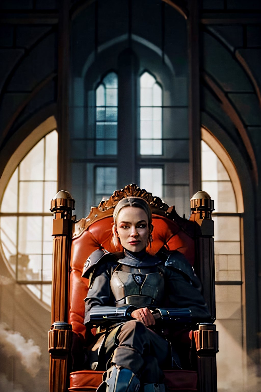 bokatan, facial portrait, sexy stare, smirked, sitting on big throne, inside castle, big windows, cloudy sky outside, 