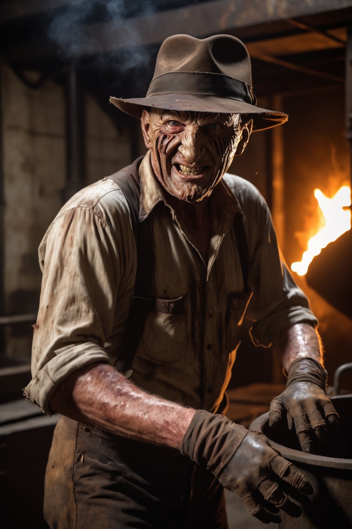 Freddy Krueger, fedora hat, facial portrait, evil smile, ragged shirt, wearing glove with long claws on right hand, inside old warehouse, dim light, big rusty iron oven, faucets leaking, fire, from behind 