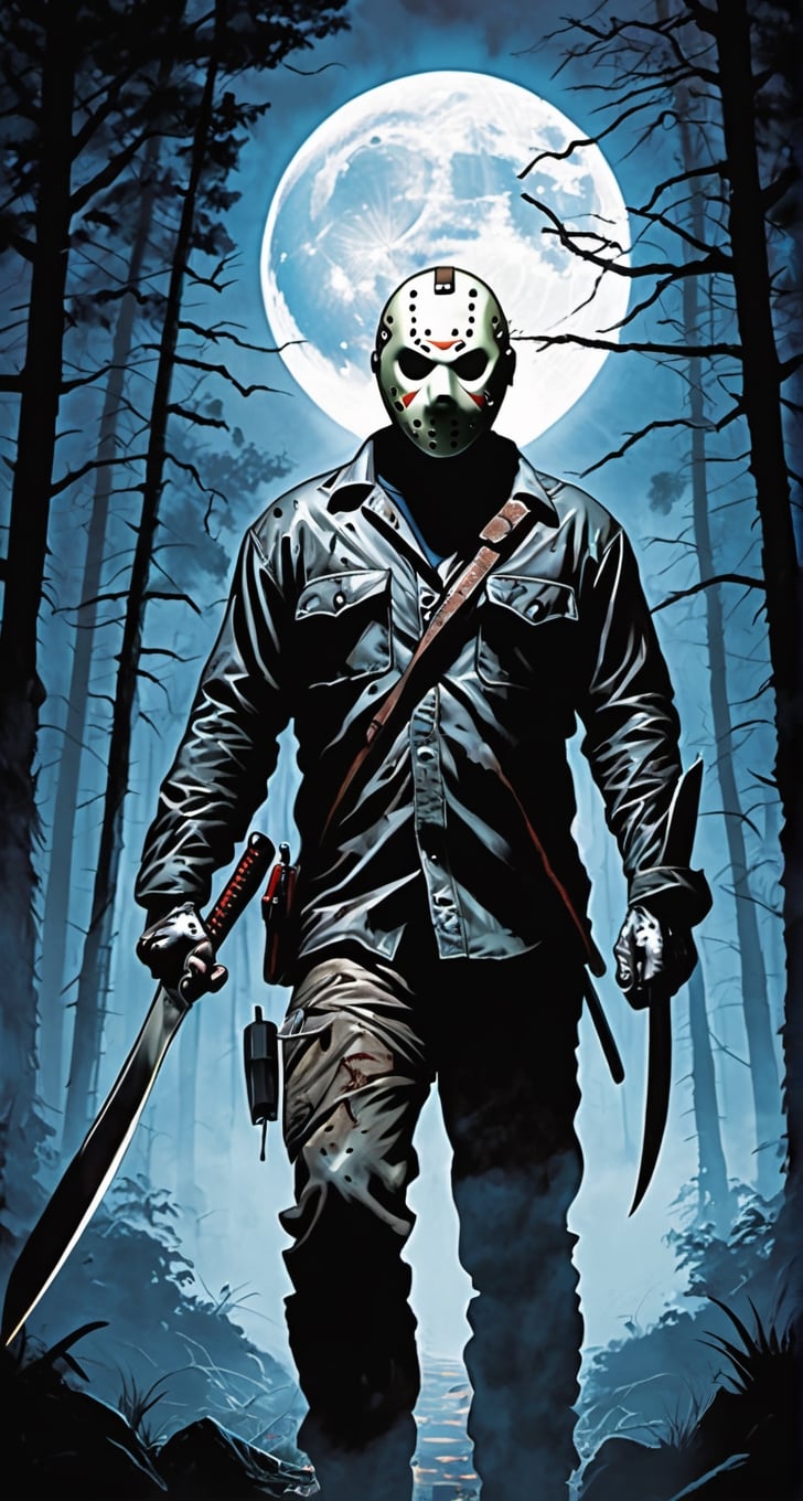 ultra Detailed Jason Voorhees,
(holding machete), walking through the forest, cloudy sky, lightning, bats, full moon, from behind, looking at the camera 