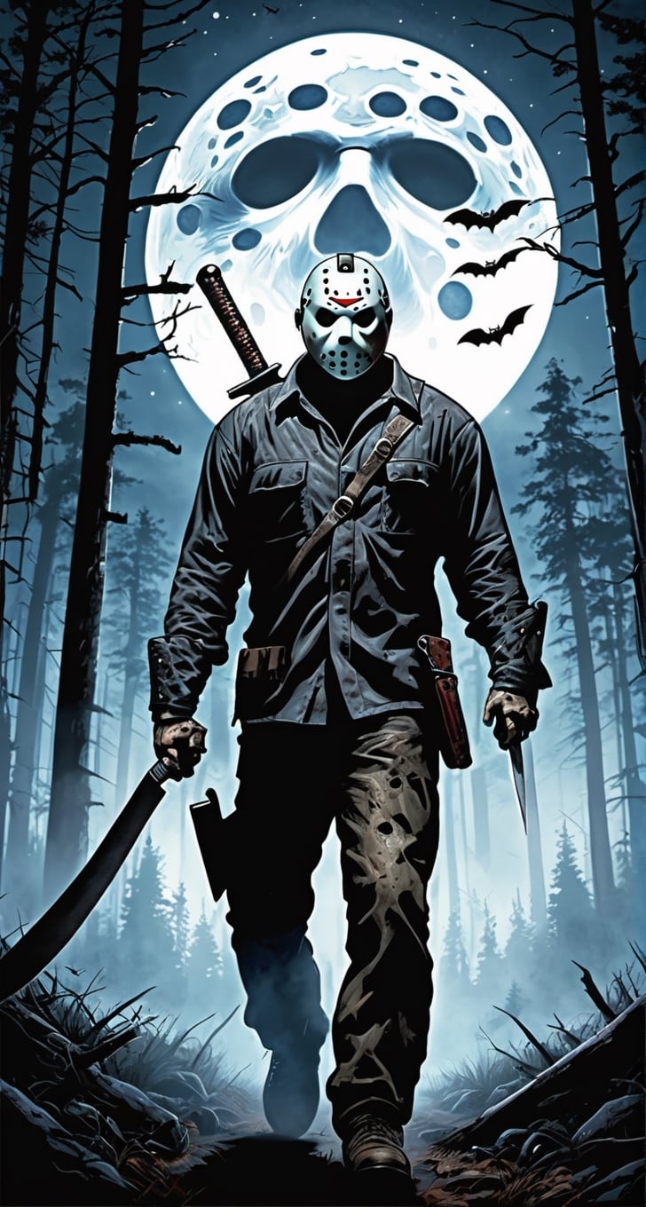 ultra Detailed Jason Voorhees,
(holding machete), walking through the forest, cloudy sky, lightning, bats, full moon, from behind, looking at the camera 