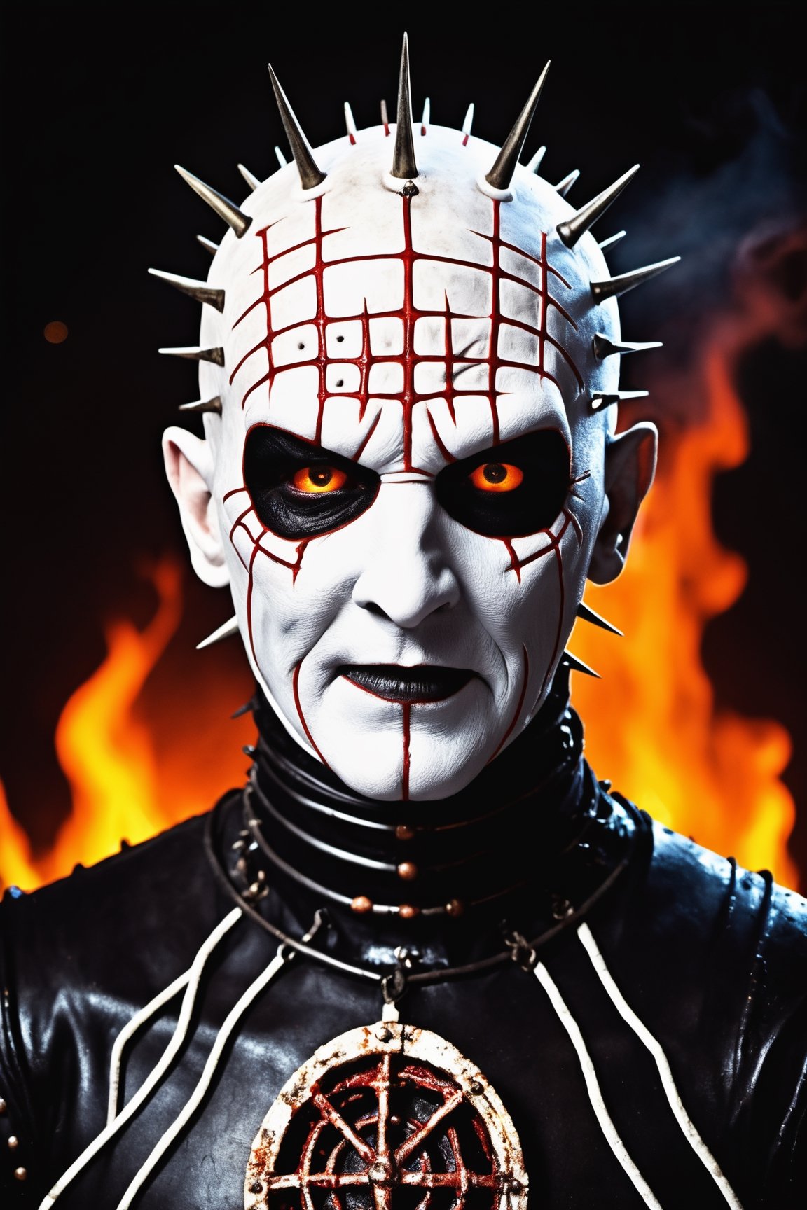 ultra Detailed pinhead, hellraiser, facial portrait, sexy stare, smirked, missionary costume, cenobite, inside hell, demons flying around, fire pits, lava flowing, corpses laying, 