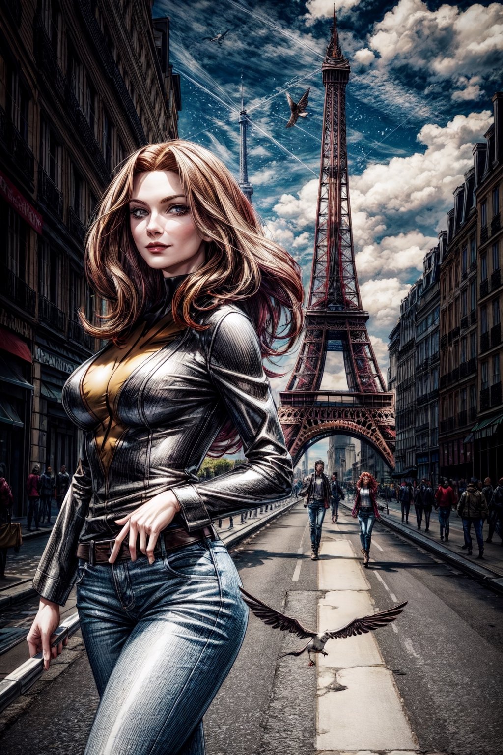 jean-grey,  facial portrait, sexy stare, smirked, walking through the streets of Paris, Eiffel tower behind, sunny day, clouds, birds flying, 