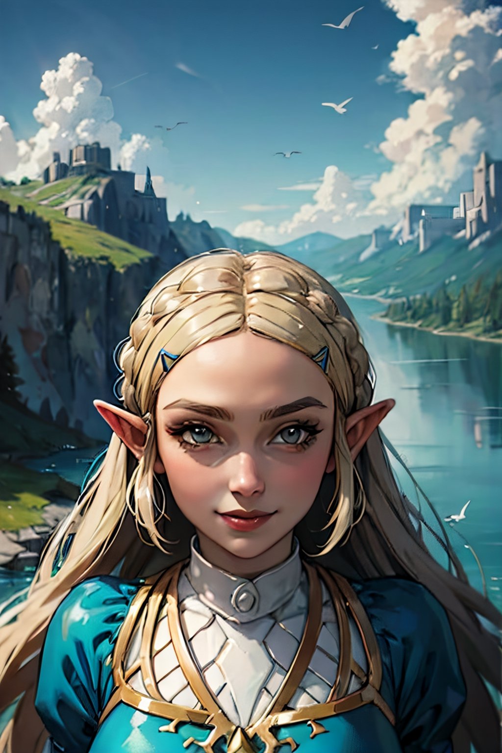 princess_zelda_aiwaifu, facial portrait, sexy stare, smirked, on top of hill, forest below, lake shore, cloudy sky, birds flying, 