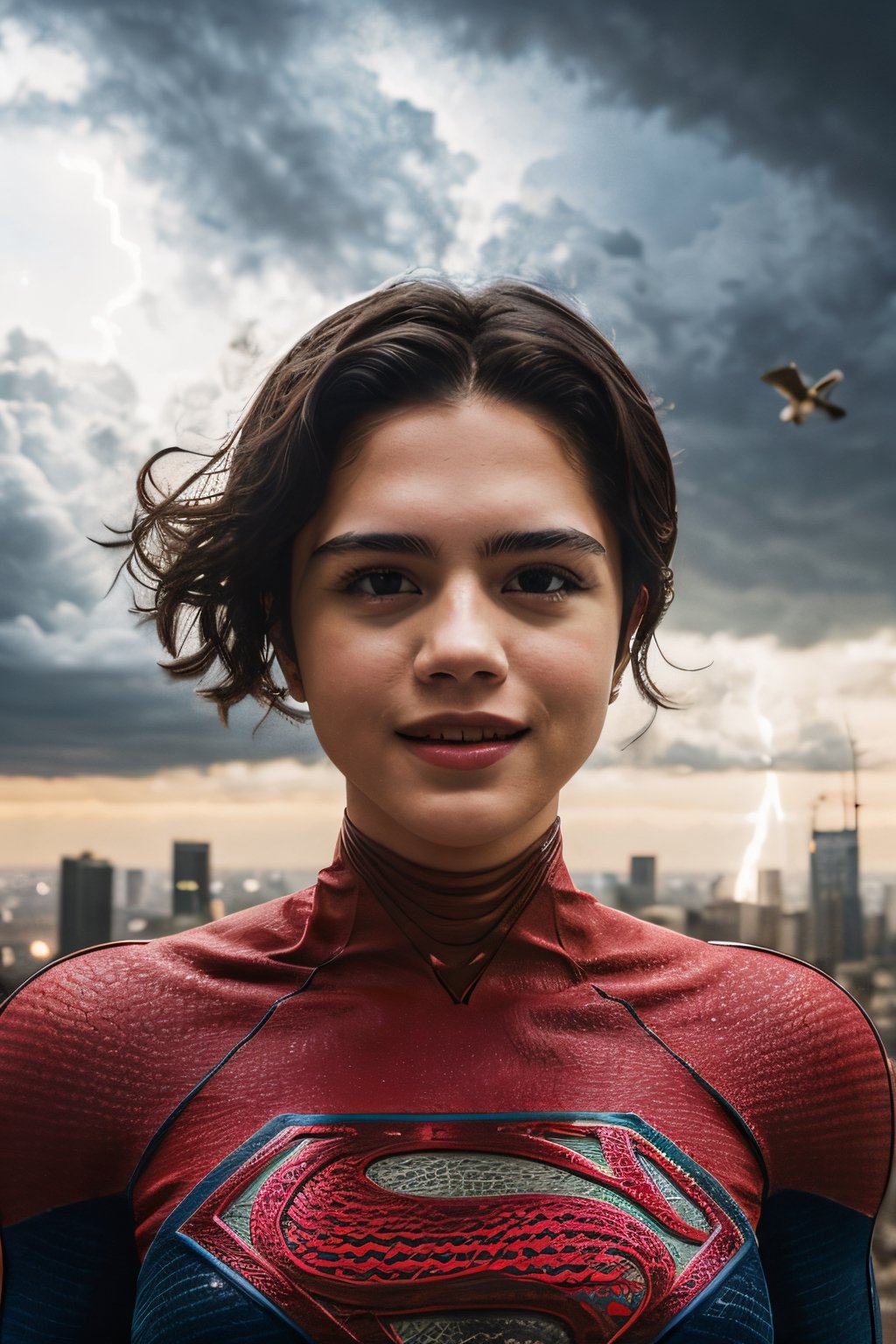 Photorealistic, sasha calle as Supergirl, facial portrait, sexy stare, smiling, flying through  the sky, city below, cloudy sky, lightning, birds flying around, ,sasha calle