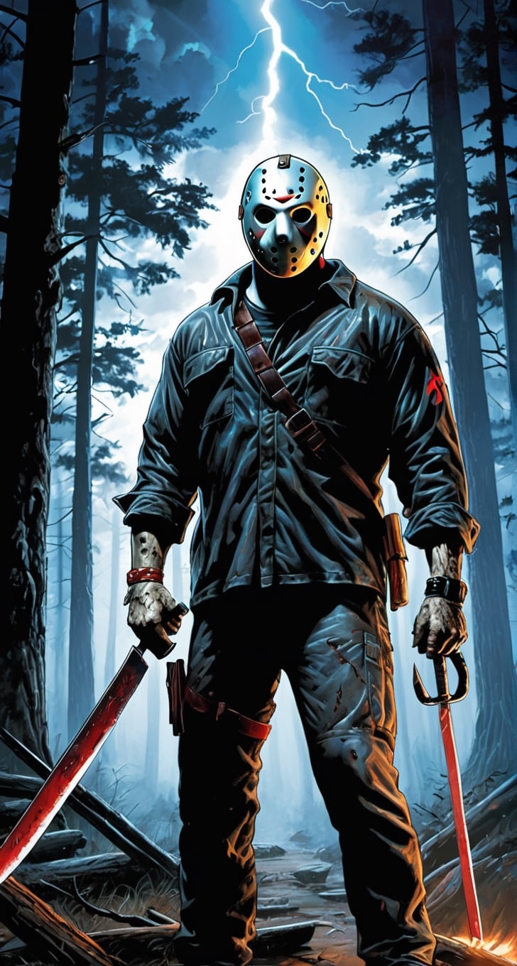 ultra Detailed Jason Voorhees,
(holding machete), inside woods, cloudy sky, lightning, cabin in the forest, lights inside cabin, 