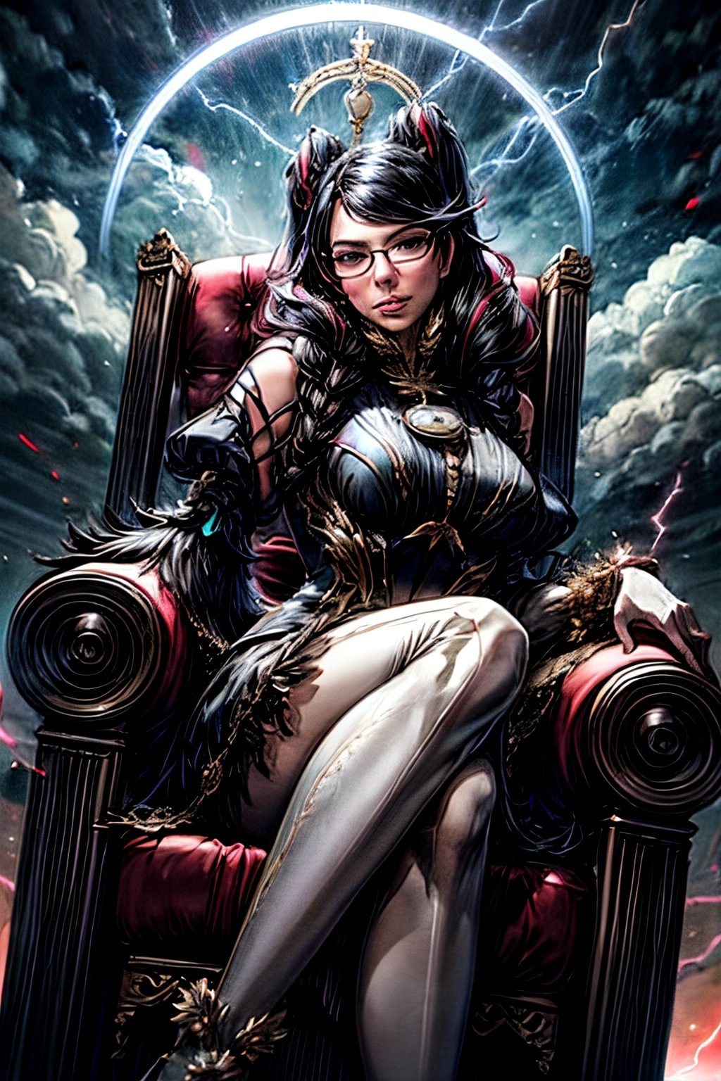 bayonetta_3_twintail_aiwaifu, facial portrait, sexy stare, big gun on hand, cloudy sky, lightning, halos flying, sitting on a Big throne, 