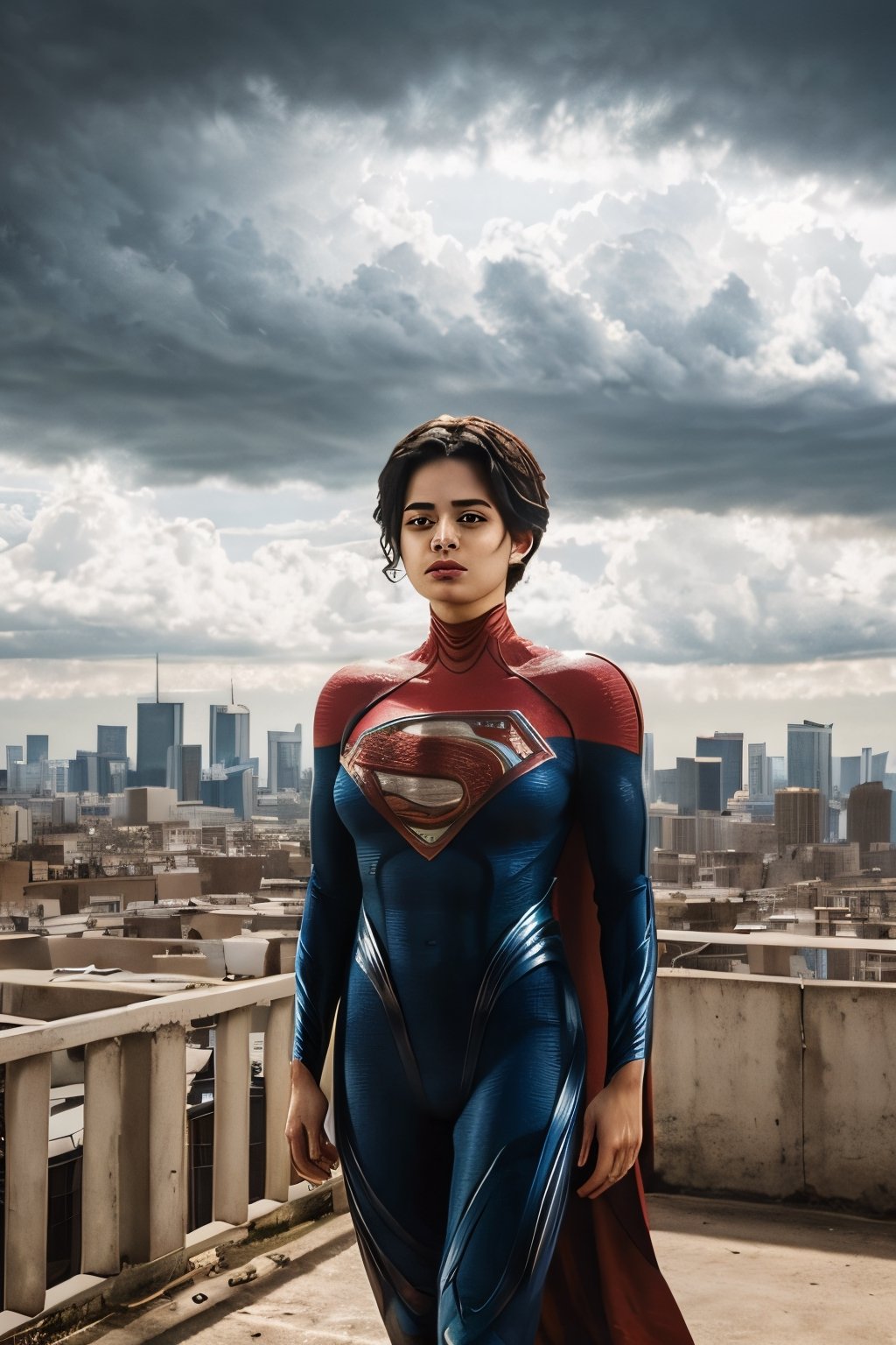 Photorealistic, sasha calle as Supergirl, facial portrait, sexy stare, smirked, standing proudly, on top of building, city below, cloudy sky, lightning, birds flying around, ,sasha calle