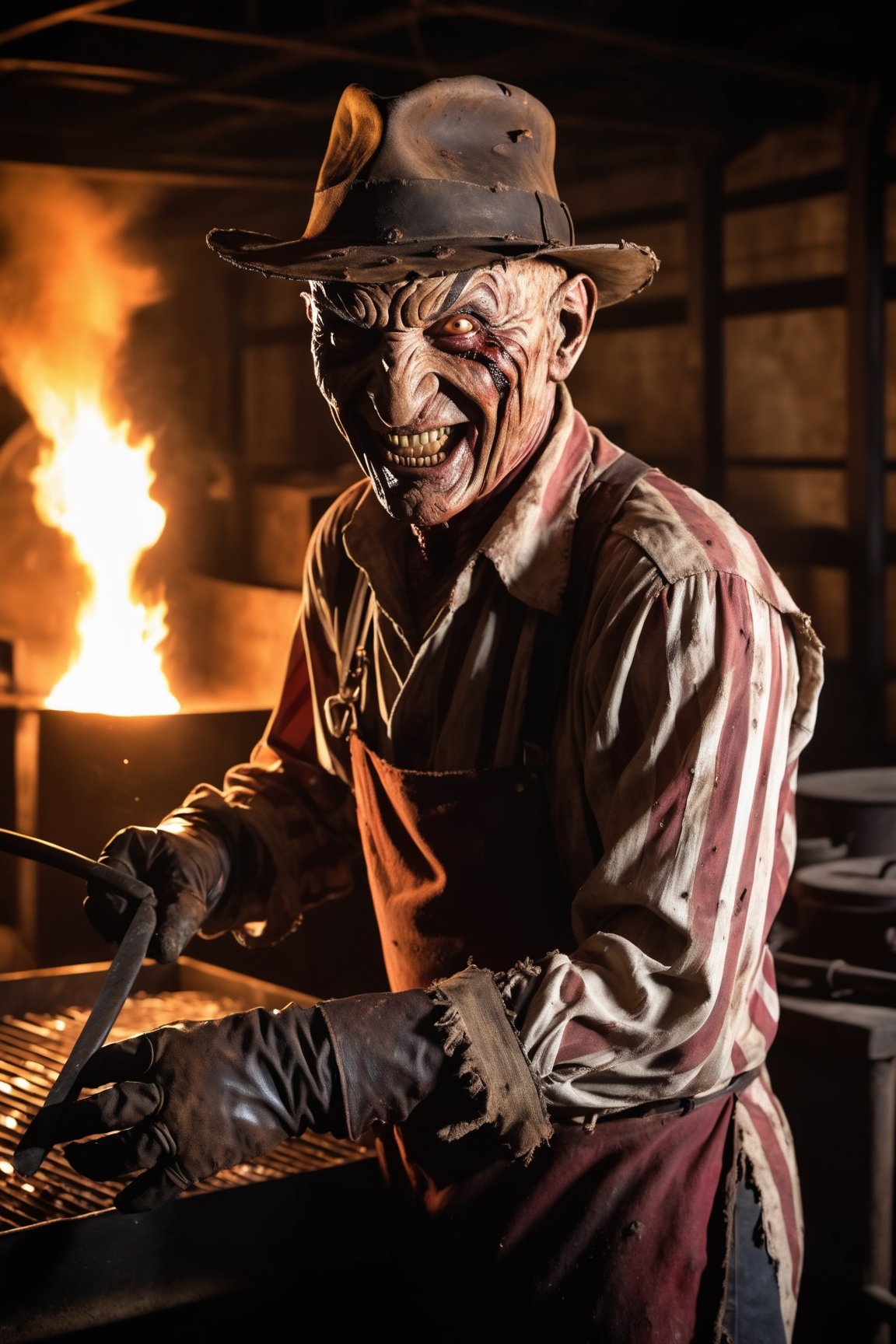 Freddy Krueger, evil smile, ragged shirt, wearing glove with long claws on right hand, inside old warehouse, dim light, big rusty iron oven, faucets leaking, fire, 