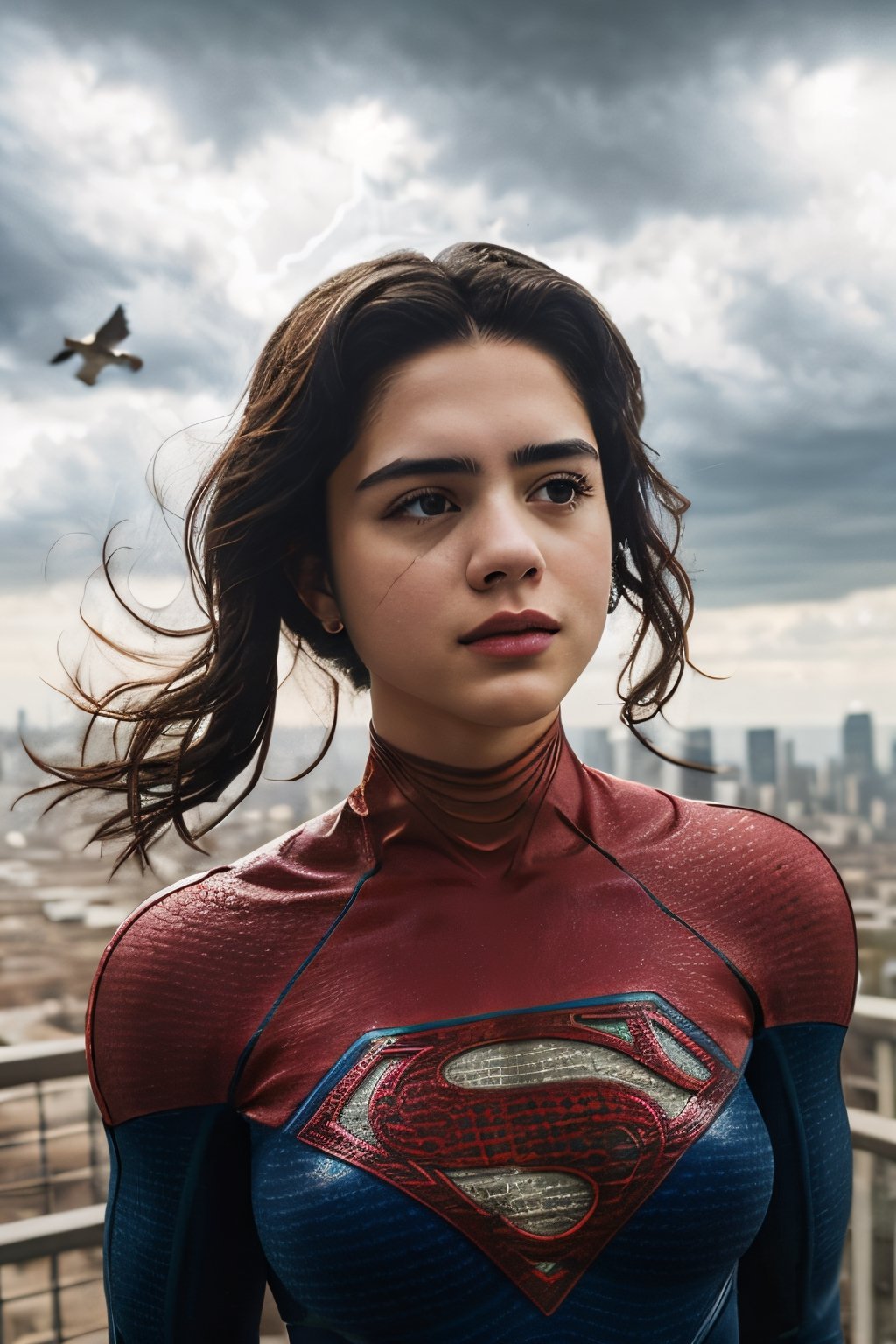 Photorealistic, sasha calle as Supergirl, facial portrait, sexy stare, smirked, flying through  the sky, city below, cloudy sky, lightning, birds flying around, ,sasha calle