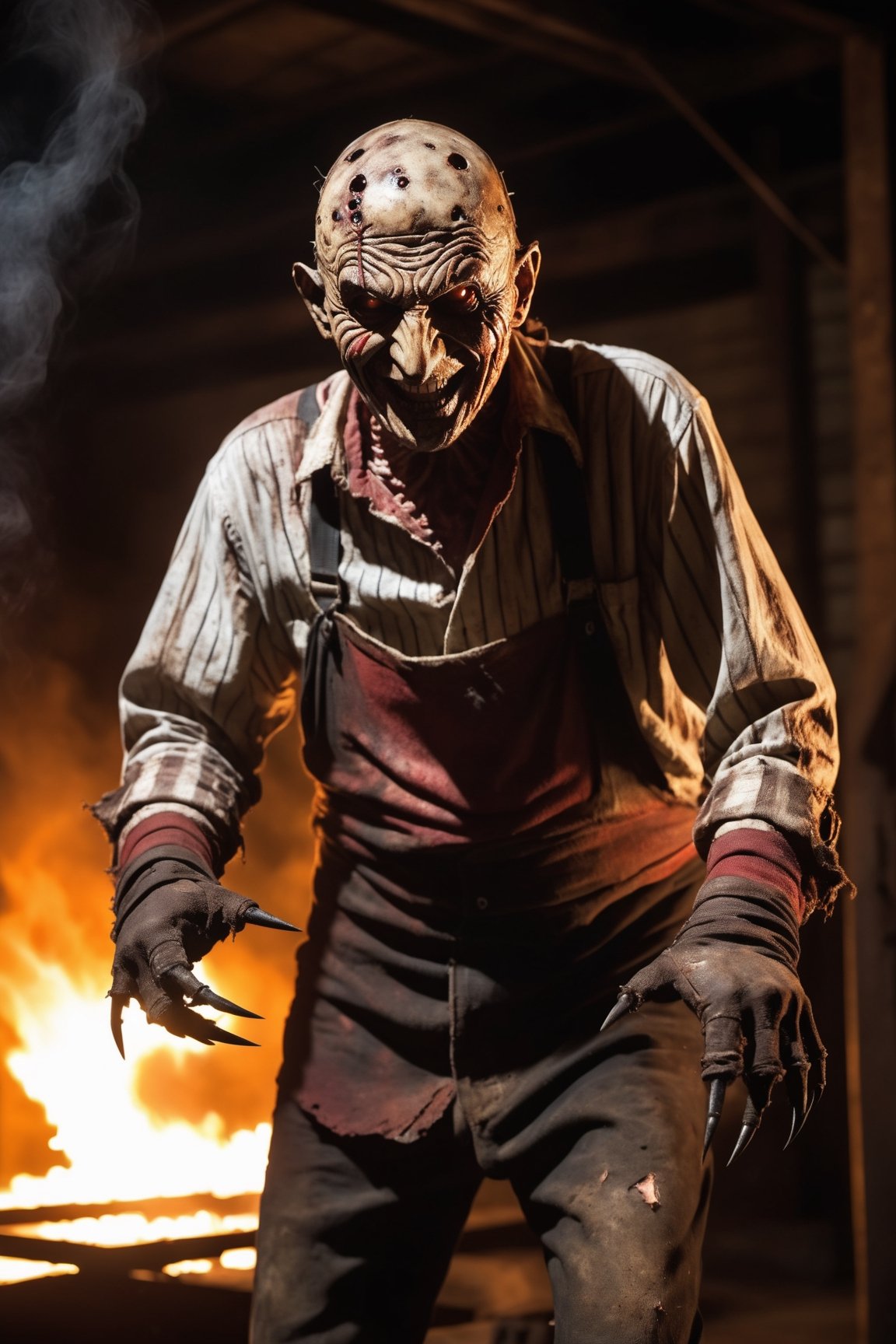 Freddy Krueger, evil smile, ragged shirt, wearing glove with long claws on right hand, inside old warehouse, dim light, big rusty iron oven, faucets leaking, fire, from behind 