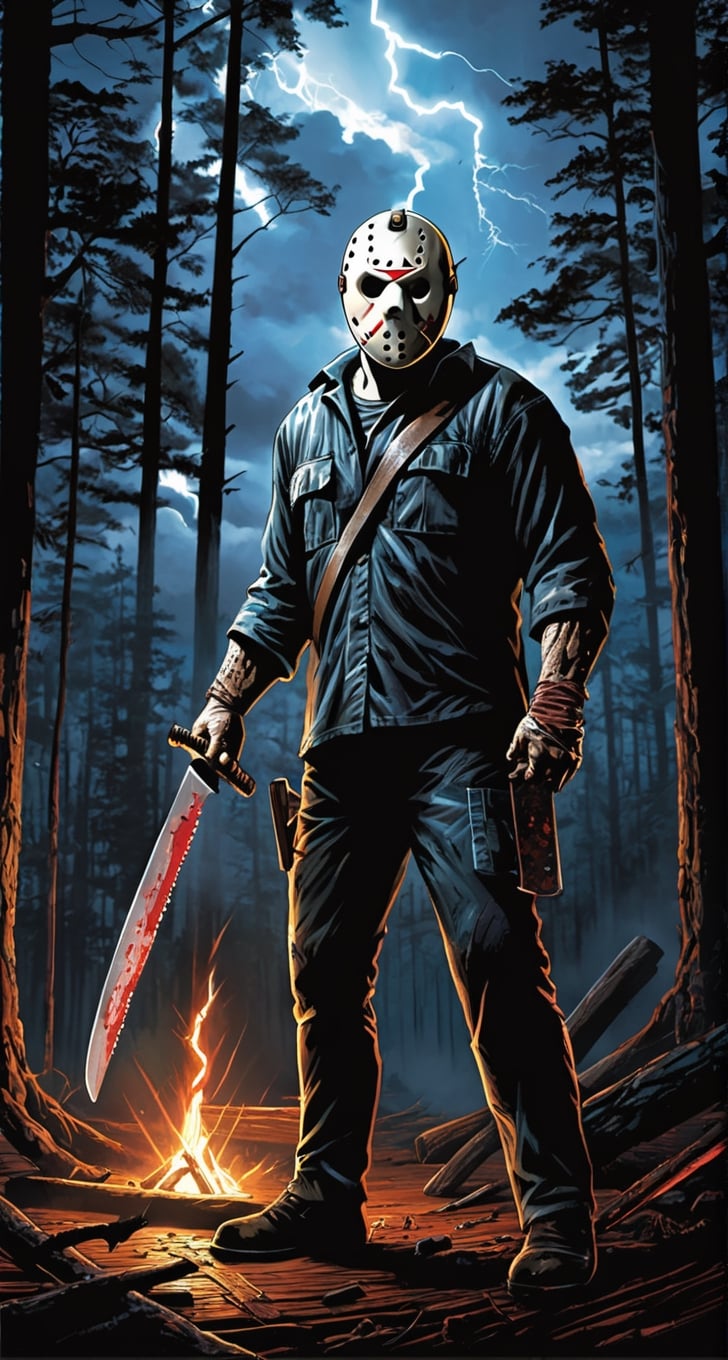 ultra Detailed Jason Voorhees,
(holding machete), inside woods, cloudy sky, lightning, cabin in the forest, lights inside cabin, 