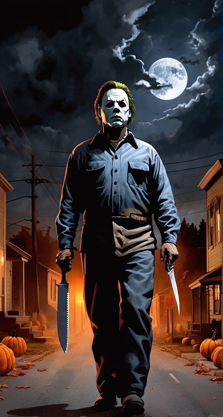 ultra Detailed Michael Myers, (holding butchers knife), walking the streets of a small town, cloudy sky, full moon, pumpkins though out the street, 