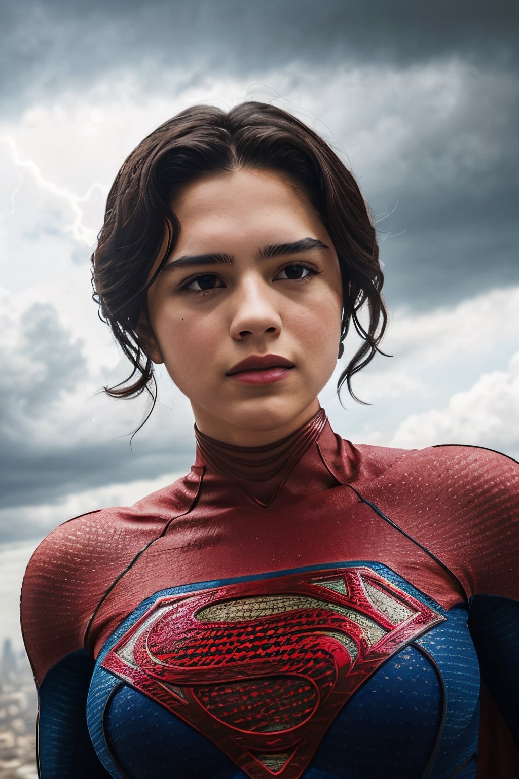 Photorealistic, sasha calle as Supergirl, facial portrait, sexy stare, smirked, flying through  the sky, city below, cloudy sky, lightning, birds flying around, ,sasha calle