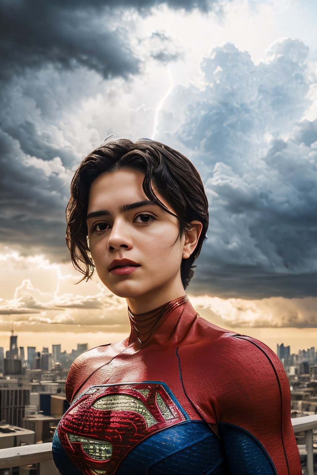 Photorealistic, sasha calle as Supergirl, facial portrait, sexy stare, smirked, standing proudly, on top of building, city below, cloudy sky, lightning, birds flying around, ,sasha calle