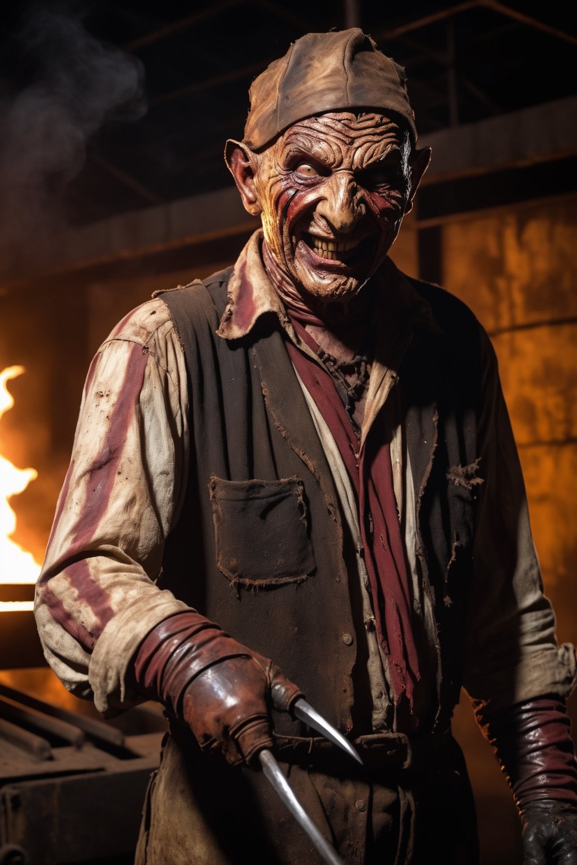 Freddy Krueger, evil smile, ragged shirt, wearing glove with long claws on right hand, inside old warehouse, dim light, big rusty iron oven, faucets leaking, fire, from behind 