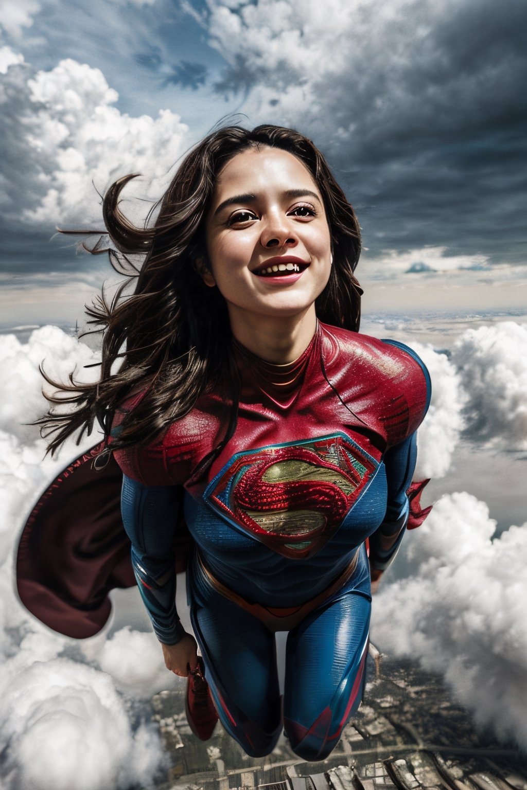Photorealistic, sasha calle as Supergirl, facial portrait, sexy stare, full body, flying through the sky, city below, cloudy sky, plane, ,Detailedface, smiling 