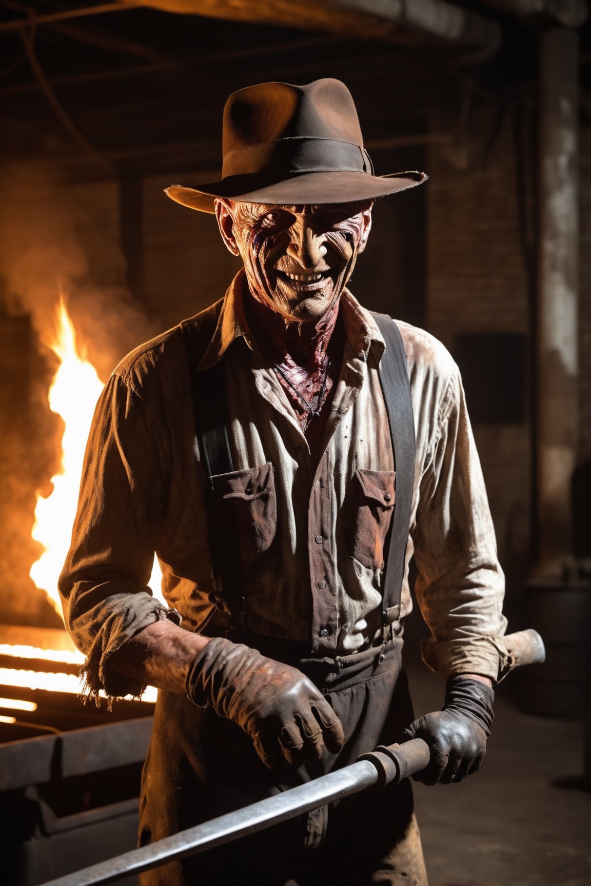 Freddy Krueger, fedora hat, facial portrait, evil smile, ragged shirt, wearing glove with long blades on each finger, on right hand, inside old warehouse, dim light, big rusty iron oven, faucets leaking, fire, 
