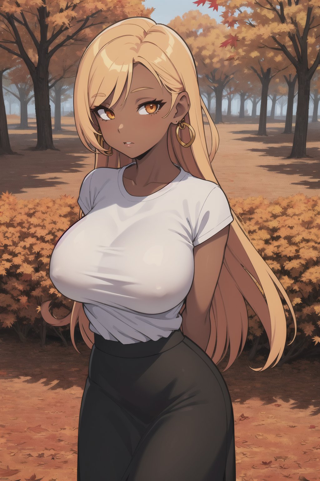 1girl, chocolate hair, long hair, orange eyes, tanned, golden earings,  standing, white shirt, black skirt, park, trees, beautiful backround, perfect eyes, looking at viewer, arms behind back, (autumn:1.2), pov, large_boobs