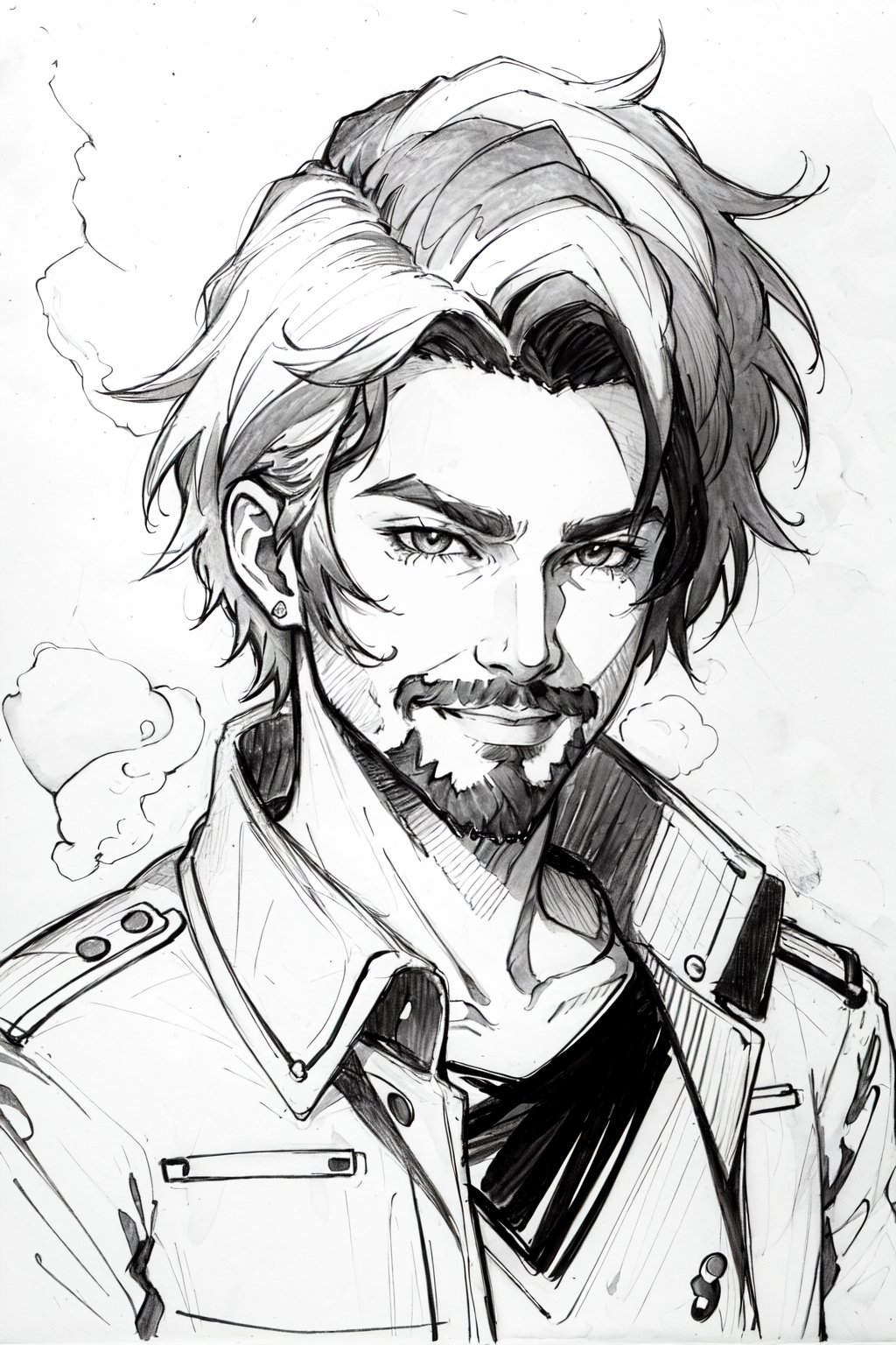 Duskfallcrew Art Style, solo, smile, 1boy, jacket, monochrome, greyscale, male focus, sketch, facial hair, traditional media, portrait, hair behind ear, graphite (medium), animification, ink (medium)