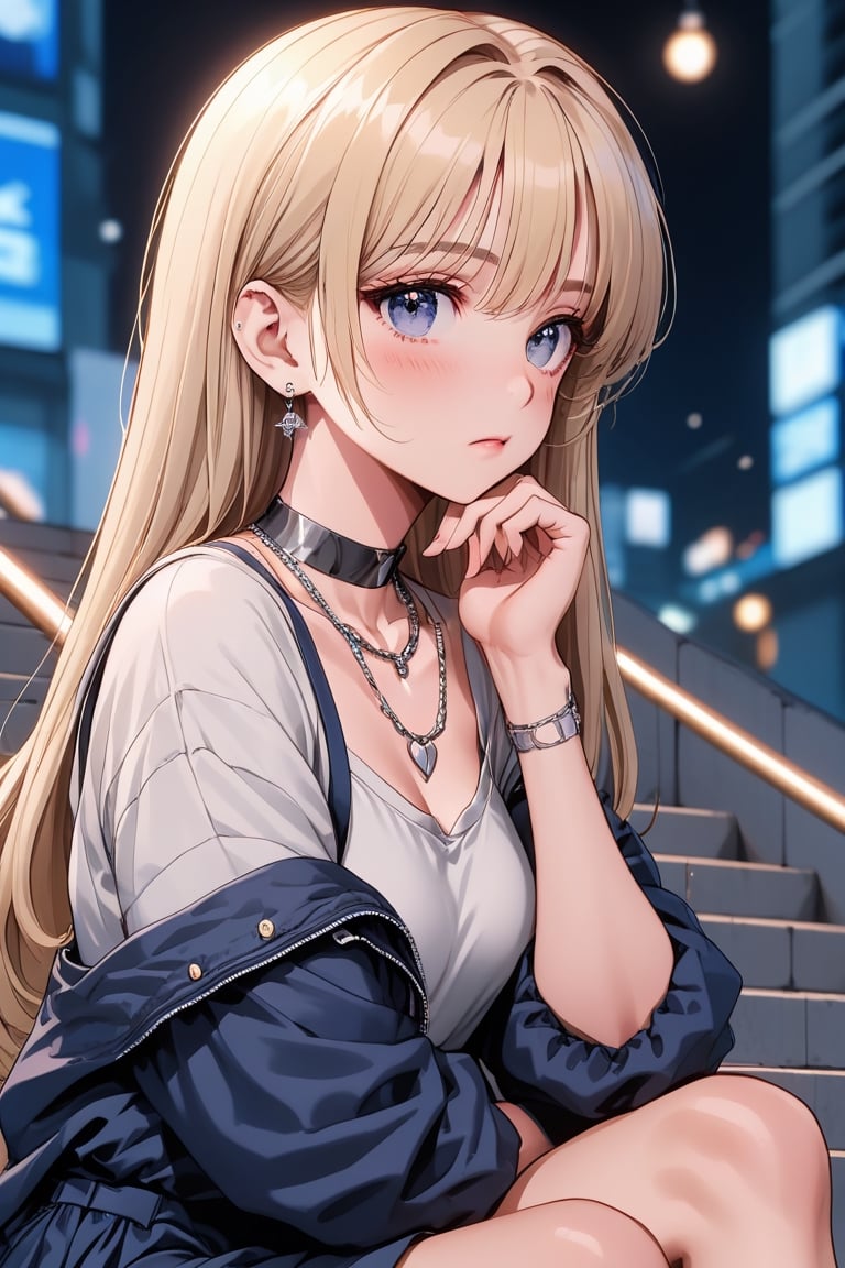 a close up of a woman sitting on a step with a hand on her chin, beautiful girl, attractive pose, silver necklace, beautiful model, casual pose, seductive, attractive anime girl, beautiful anime photo, alluring, aesthetic, thoughtful pose, bokeh, best quality, masterpiece, long blonde hair,make_3d, 8k,lofi, pov_eye_contact, nighttime, cyber background