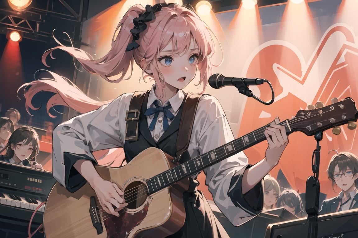 (masterpiece, best quality), 1girl, solo, pink hair, idol, cowboy_shot Musician, Musical attire, Composing music, Performing live, playing guitar, live concert stage, Collaborating with other musicians