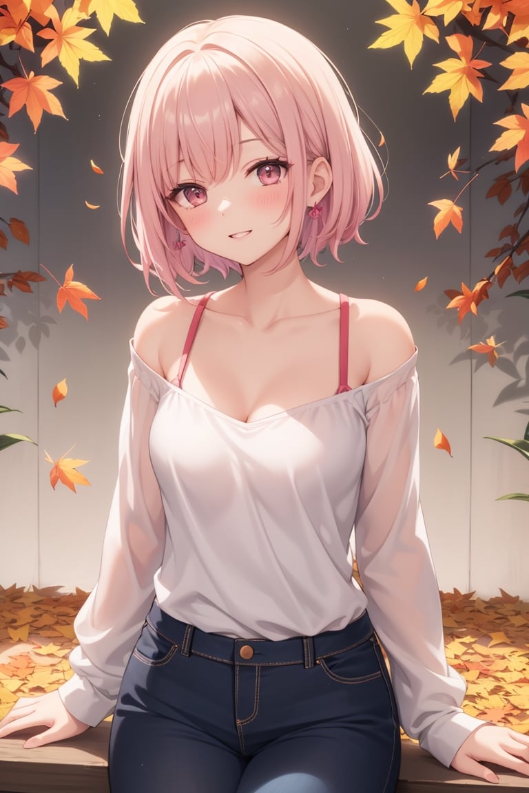 1woman and 1man playing_game, parted lips, blush, makeup, light smile, glow, collarbone, narrow waist, (masterpiece, best quality), automn, falling leaves, neon colors, wallpaper, details background, ambient lighting
