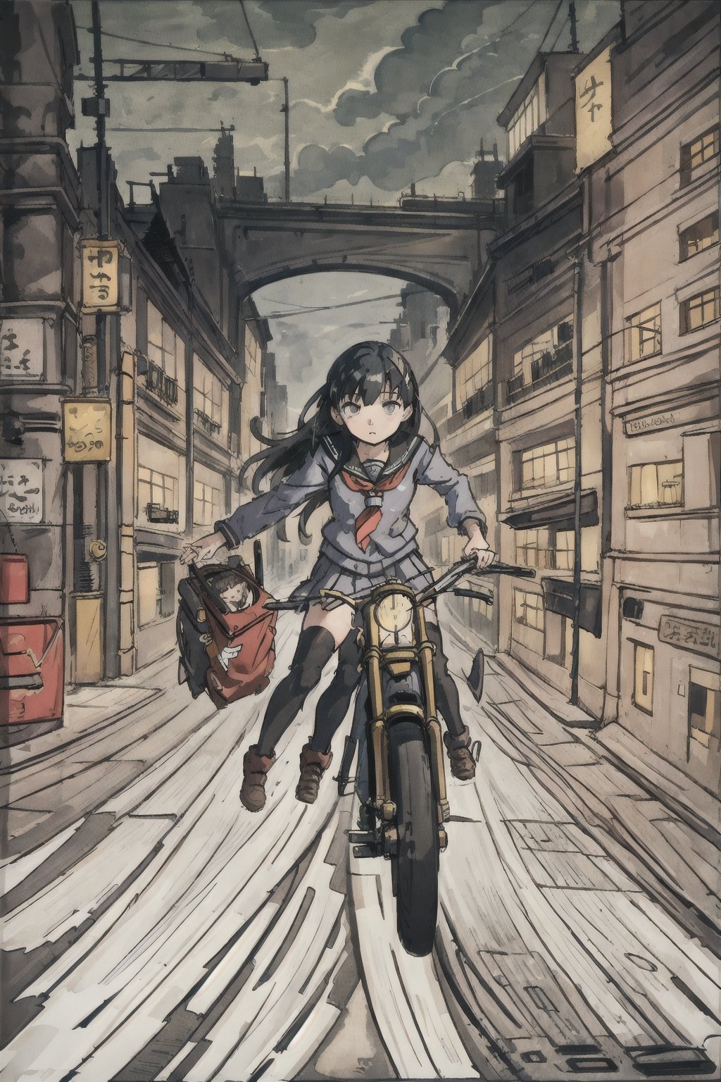 masterpiece, best quality, 1girl, solo, jacket, school uniform, serafuku, thighhighs, school bag, black hair, black eyes, cyberpunk, street, machinery, motor vehicle, motorcycle, panorama, helmet, speed line, motion blur, depth of field, perspective, panorama, riding, floating hair, night, neon trim
INFO
