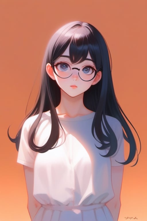 An anime girl with cascading locks of raven hair, her bespectacled gaze fixed on an unseen point beyond the frame. Her profile is rendered in the distinct style of Ilya Kuvshinov, capturing a delicate blend of innocence and allure.

The illustration exudes a sense of soft, ethereal beauty, bathed in gentle lighting that accentuates the anime girl's delicate features. Her long hair flows effortlessly, cascading down her shoulders like a silken waterfall.

Her portrait, rendered in a flat anime style, emphasizes the purity of her expression and the subtle nuances of her emotions. The soft shading adds depth and dimension, bringing her closer to life without compromising the minimalist aesthetic.

The overall impression is one of captivating simplicity, a harmonious blend of anime artistry and Ilya Kuvshinov's signature style. The artwork lingers long after the final pixel is placed, leaving an indelible mark on the viewer's imagination.