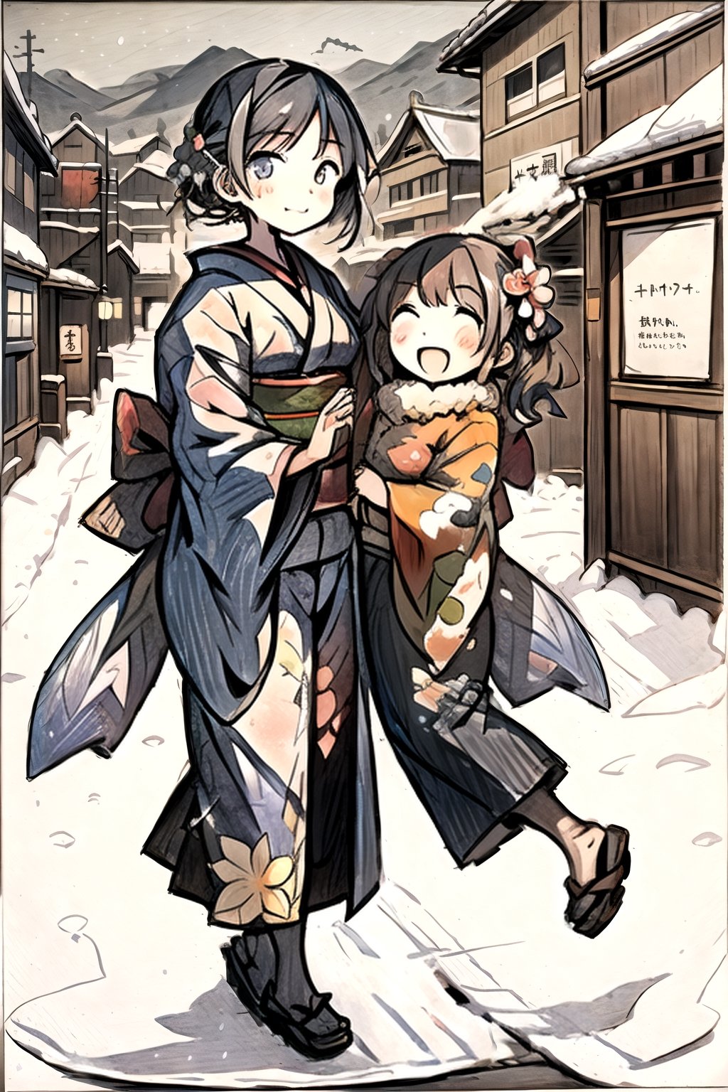 kawaii woman in a floral kimono, smile, happy face, beautiful face, shinsui ito, old japanese village, snow, midnight, masterpiece, best_quality, 8k raw, high_resolution, detailed_bg, color pencil sketch