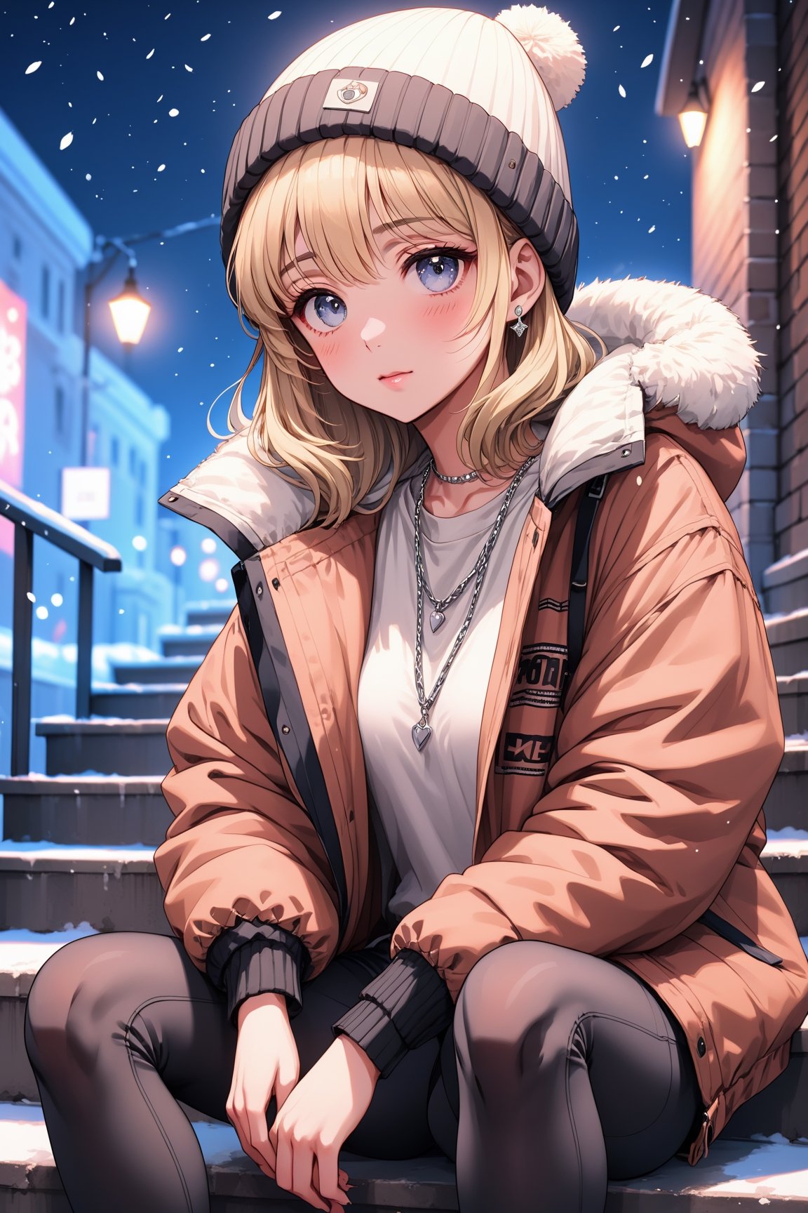 a close up of a woman sitting on a step, beautiful girl, attractive pose, silver necklace, beautiful model, beanie hat, winter jacket, snowing, romantic, casual pose, seductive, attractive anime girl, beautiful anime photo, alluring, aesthetic, thoughtful pose, (bokeh), best quality, masterpiece, long blonde hair,make_3d, 8k,lofi, pov_eye_contact, nighttime, cyber background