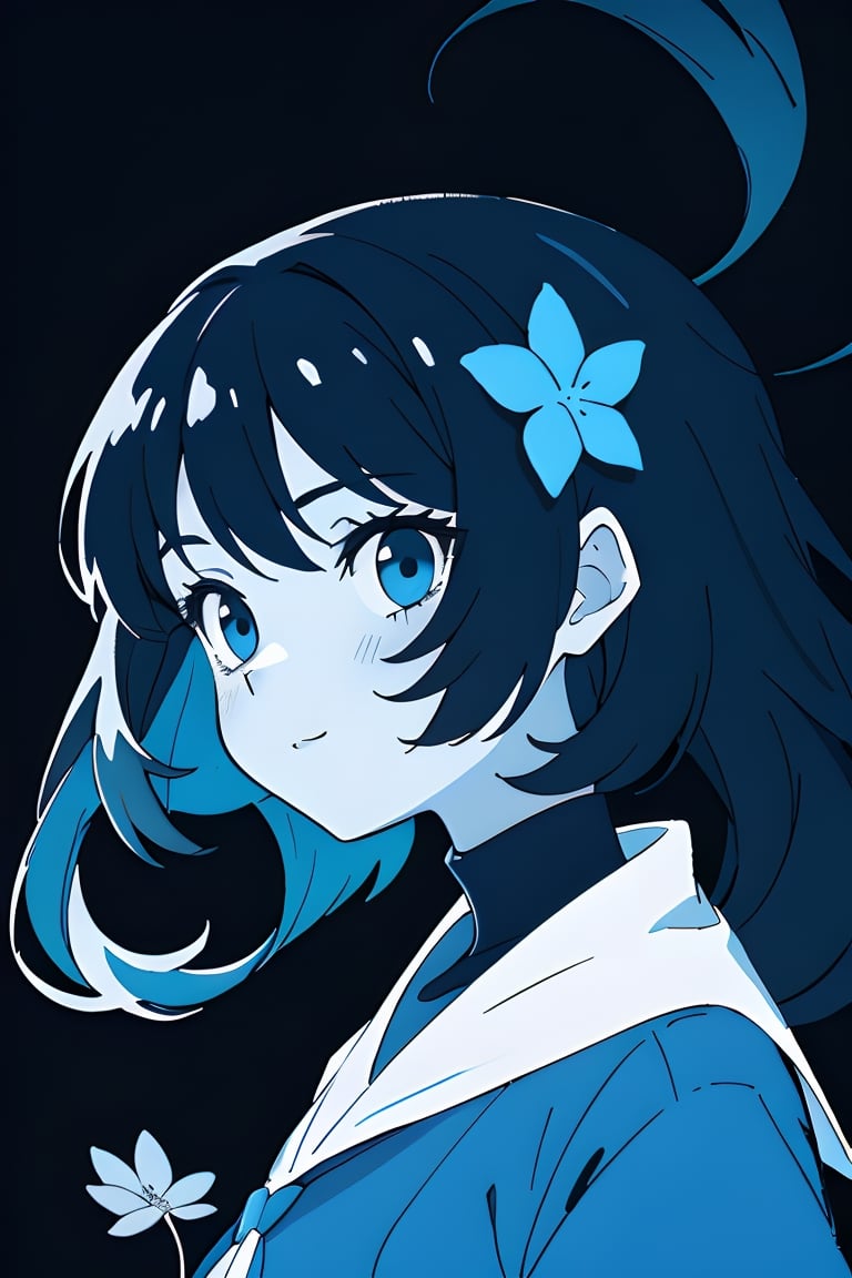 a beautiful girl with blue flowers on her face,  in the style of monochromatic paintings,  dark sky-blue and dark navy,  dark sky-blue and dark white,  multilayered realism,  luminous shadowing,  anime-inspired,  elegant outlines