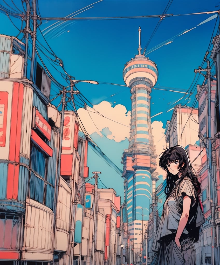 masterpiece:1.2, best quality:1.2, 8k raw, (anime:1.0), illustration, highly detailed, (color ink painting by Moebius, Katsuya Terada, Jeffrey Catherine Jones), Osaka's Shinsekai District,Tsutenkaku Tower, Osaka, 1girl