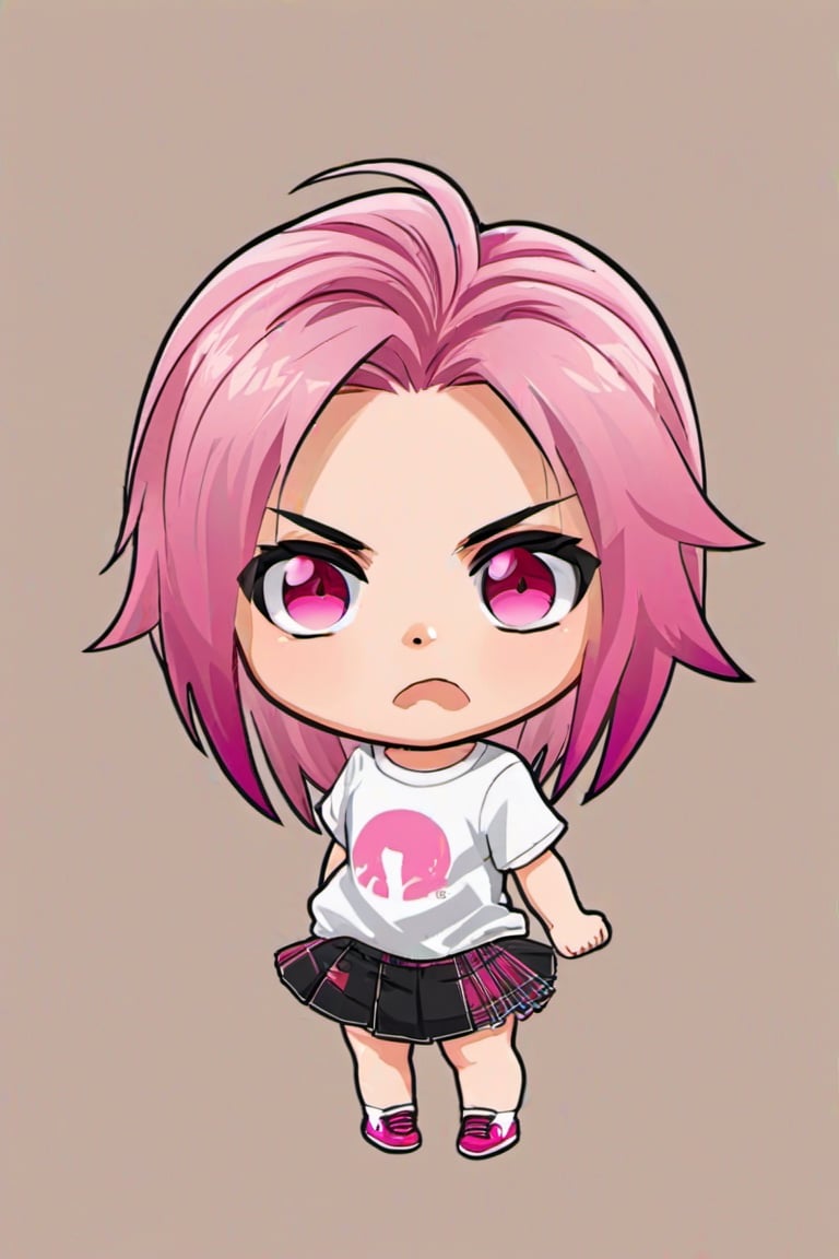 ((best quality)), ((masterpiece)), ((best quality)),  ((highres)), ((high quality)), 1girl, pink streaked hair, pink hair, pink eyes, angry, pink shirt, standing, ((Chibi)), ((baby face)),Chibi,Chibi Style,detailmaster2