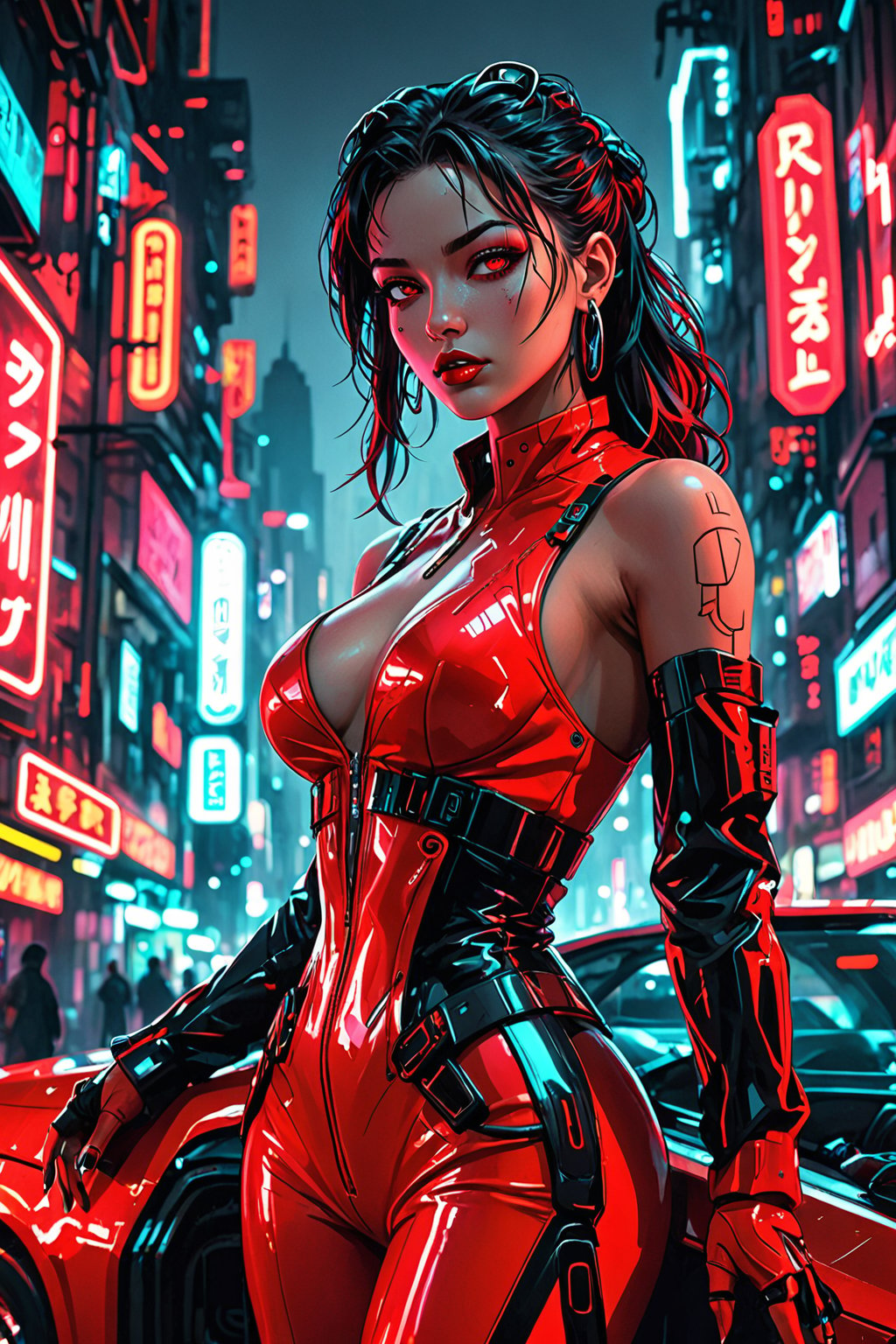 In the bustling city, a full-body image of a cyberpunk woman in bold black and red clothing caught attention. Her sleek attire shone in the neon lights, highlighting her alluring presence. Luminous enhancements adorned her figure, enhancing her appeal. Gracefully, she moved through the crowded streets, her gaze mirroring the technological beauty of the cityscape, radiating elegance and expertise.As she navigated the urban labyrinth, her confidence seemed to command respect from even the most hardened denizens of the city. Every step she took exuded purpose and determination, a testament to her strength of character and resilience in the face of adversity. It was as if she was a living embodiment of the city itself - always evolving, adapting, and ultimately thriving in the chaos that surrounded her.