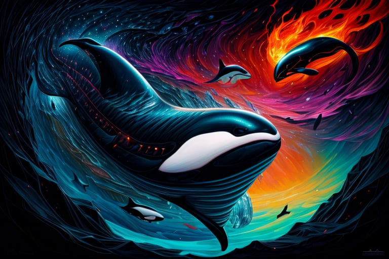 (masterpiece,absurder detailed:1.2),((giant colorful mechanical orca floating in the void)), ore texture , wide open  ,ice and fire ,mandala, amazing thematic dark and  abyss background, (A perfect finished work of official art:1.1). oil painting (ART By Apterus, ART By Dan Mumford:1.1),Science Fiction,paper_cut