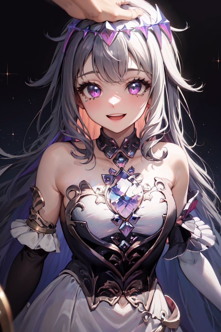 masterpiece, best quality, absurdres, perfect anatomy, 1girl, HeadpatPOV, pov, headpat, KosekiBijou, hair ornament, white dress, strapless dress, crystal, detached sleeves, asymmetrical sleeves, smile, small breasts, smile, :d, cute, sparkling, upper body, portrait