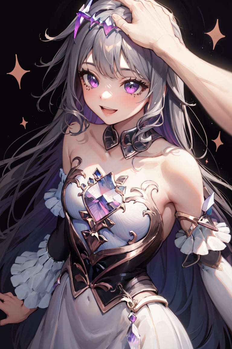 masterpiece, best quality, absurdres, perfect anatomy, 1girl, HeadpatPOV, pov, headpat, KosekiBijou, hair ornament, white dress, strapless dress, crystal, detached sleeves, asymmetrical sleeves, smile, small breasts, smile, :d, cute, sparkling, upper body, portrait