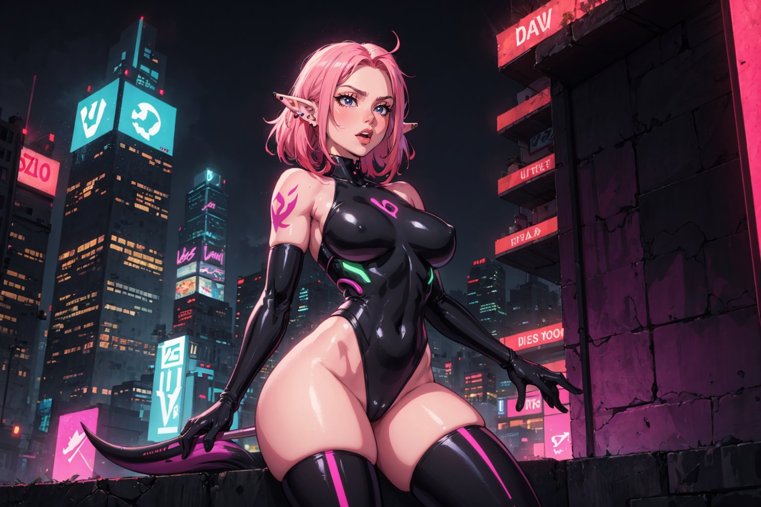 A majestic modern goth girl standing amidst the neon-lit skyscrapers of a cyberpunk city at dusk. Her piercing gaze, accentuated by dark eye circles and red-rimmed eyes, seems to pierce through the shadows. A tongue stud glints in the dim light as she gazes out upon the cityscape. Her striking features are framed by her vibrant purple twin tail hair, adorned with elf-like ear details. Tattoos on her arms seem to pulse with an otherworldly energy, as if fueled by the synthwave beats that fill the air. The camera captures her in a wide shot, showcasing her eclectic style against the backdrop of a dystopian metropolis bathed in a warm, orange-tinged night light.
