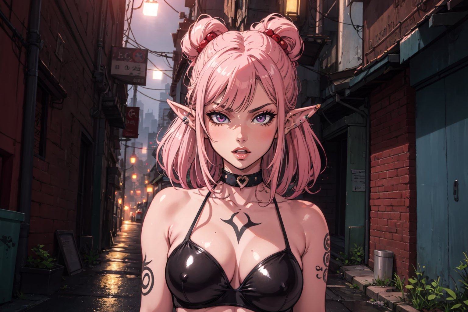 In a moody, dimly-lit alleyway, a modern goth girl stands out with an air of rebelliousness. Her piercing gaze, highlighted by dark eye circles and a tongue sticking out in a playful snub, commands attention. Red-rimmed eyes seem to absorb the surrounding light, adding to her mysterious aura. A purple twin-tailed hairstyle, adorned with elf ears, adds a touch of whimsy. Tattoos adorn her arms, telling stories of her own personal mythology. In the background, neon lights and cyberpunk architecture blend seamlessly into the night, as if the city itself is an extension of her being.
