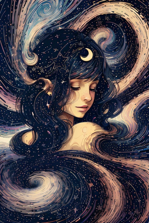 a woman with a crescent in her hair a night sky background with stars, swirls in the background, a crescent in the sky