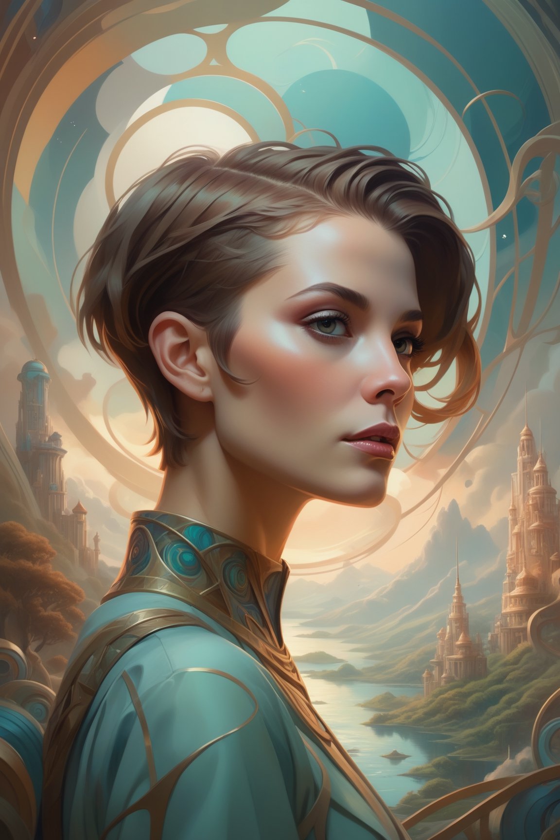 In the style of Peter Mohrbacher, create an eye-catching poster featuring a close up of a woman with short hair, set in a serene and surreal wonderland filled with advanced technology, enveloped by abstract color patterns that add to the overall dreamlike effect.
