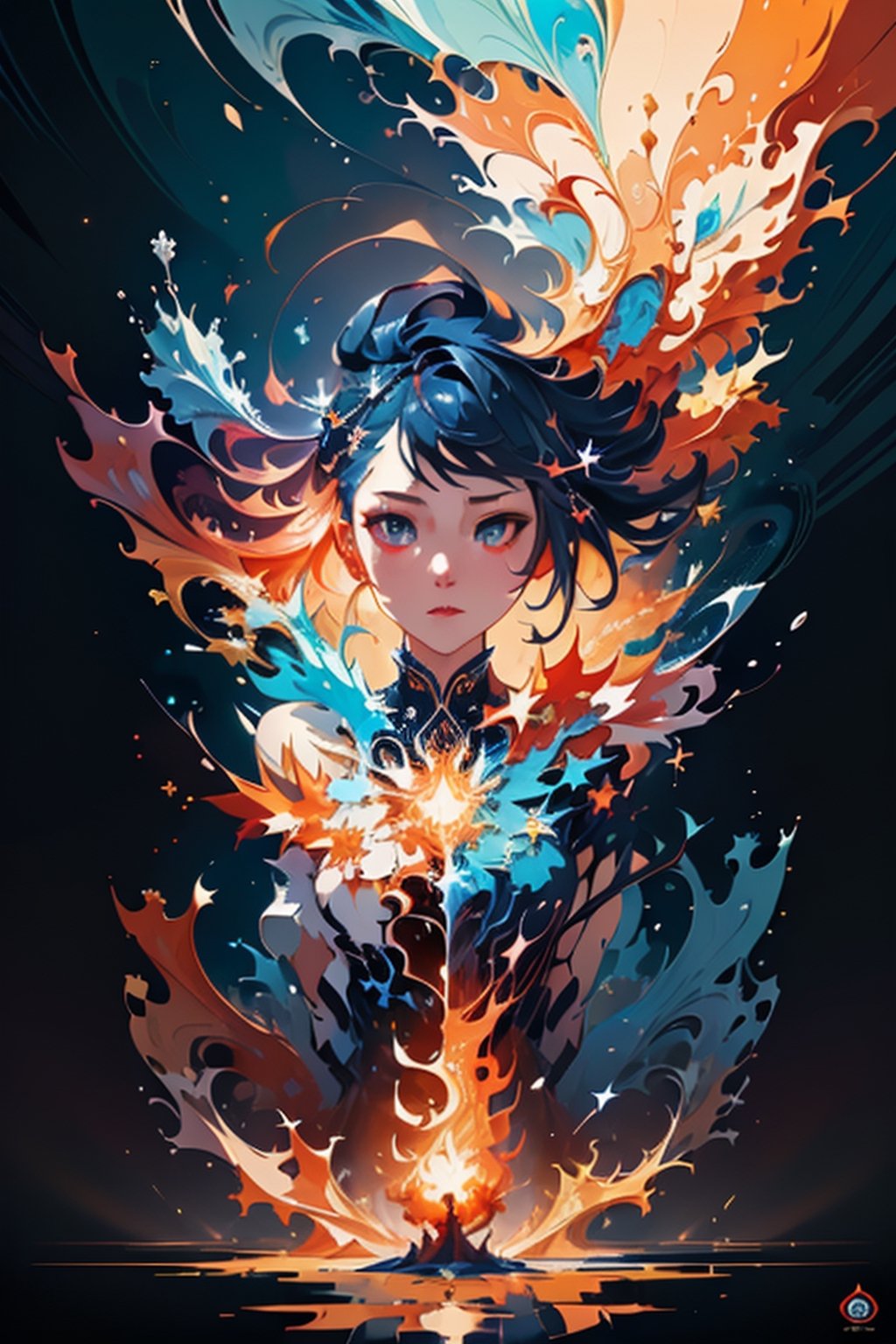 (masterpiece, top quality, best quality, official art, beautiful and aesthetic:1.2), (1girl), extreme detailed,(abstract, fractal art:1.3),colorful hair,highest detailed, detailed_eyes, fire, water, ice, lightning, light_particles, ghost,splash00d