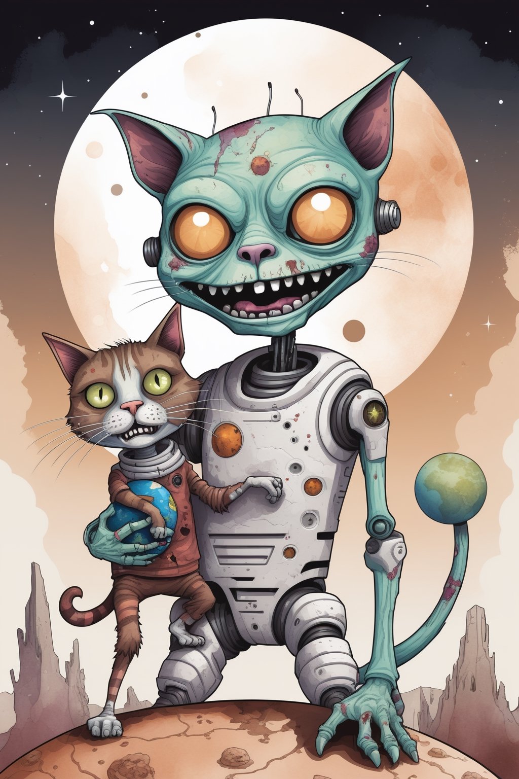 Humorous sci-fi vector illustration featuring a zombie cyborg with a grinning expression, holding a comical zombie cat. They stand on a planet inhabited by various creatures. The art style incorporates watercolor textures with Cedar Brown and White color palette. The overall design is suitable for a poster or art print.
