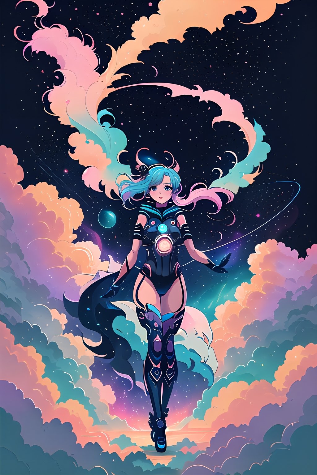 vector art style, adiant nebula,  a scantily clad woman floating through a vibrant cloud of cosmic dust and gas,  with stars twinkling in every direction around her,tshee00d