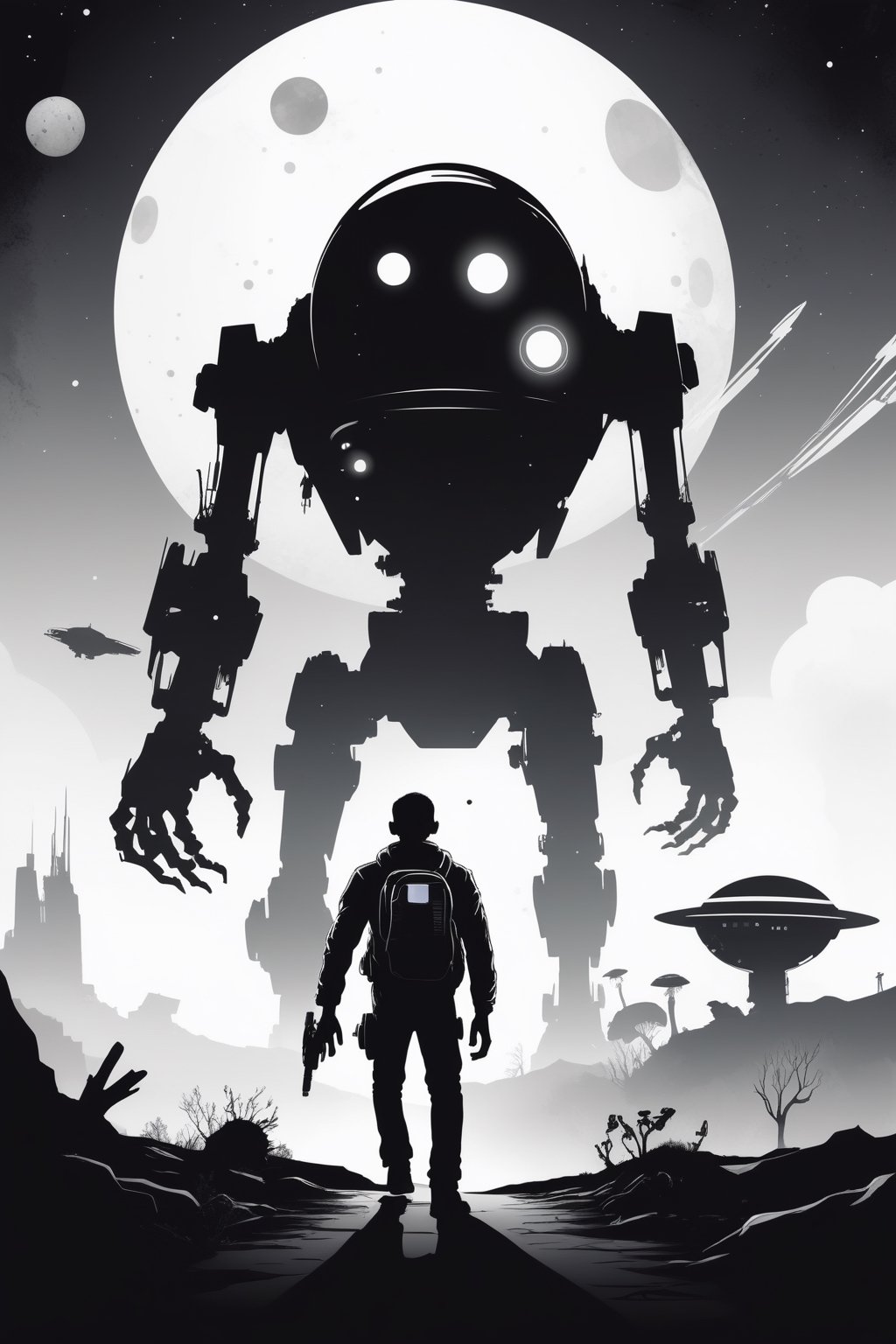 A stylish vector poster in the Noir Silhouette art style, black and white color palette with watercolor wash effects. Featuring a humorous cartoon zombie cyborg walking confidently towards a spaceship. In the background, a far-off sci-fi planet teeming with the home of diverse creatures.