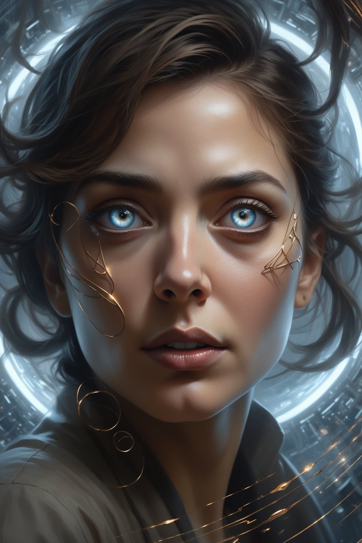 In the style of both Alejandro Burdisio and Aleksi Briclot, a close-up poster featuring a (woman with expressive eyes:1.2) caught in a digital light symphony of (random shapes creating a mesmerizing void:0.8), where the interplay between their artistic visions accentuates her allure and enigma.





