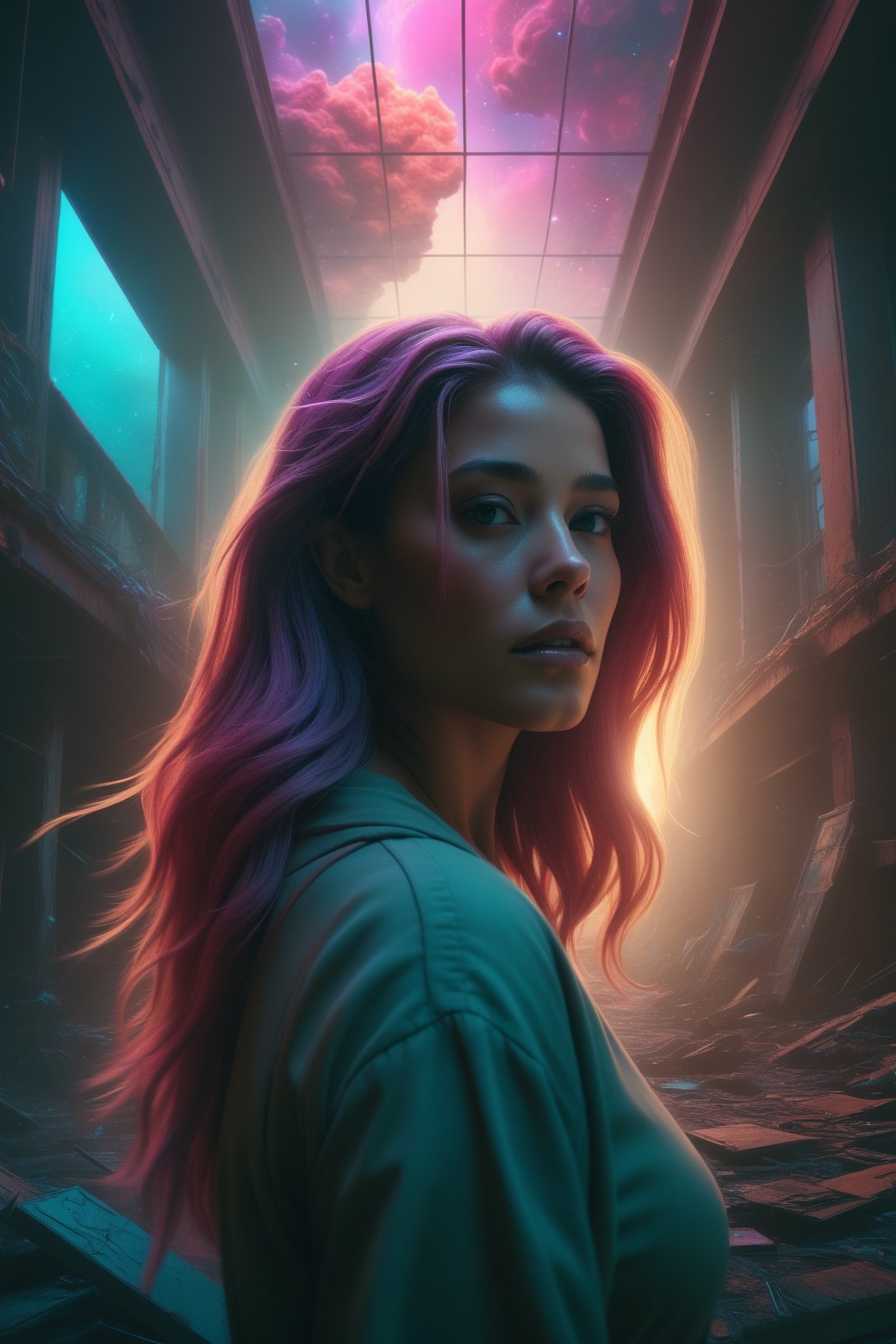 Artwork inspired by Mike Winkelmann (Beeple), Poster layout, Featuring a close-up of a woman with long hair in a hauntingly gorgeous abandoned space. Blend Beeple's signature style with colorful digital effects and an ethereal atmosphere to create a striking piece that captures the essence of beauty within decay.