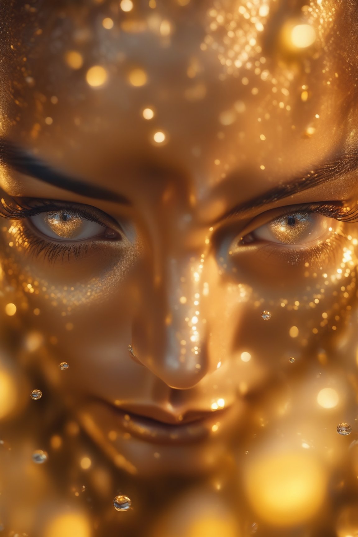 Poster, Macro shot, A captivating close-up of a (delicate, intricately detailed woman:0.8) surrounded by a (shimmering sea of gold and light:1.6), with (droplets of water:1.4) reflecting the colors around her, creating a (mesmerizing visual experience:0.7).

