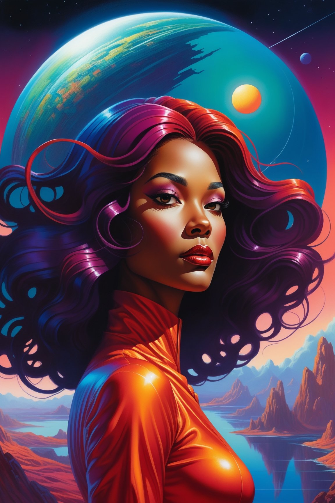 Retro-futuristic poster inspired by Kelly Freas and Kilian Eng's styles, A close up of a woman with (lush, vibrant hair:0.7) on an otherworldly landscape, her face illuminated by (bold color contrasts:1.4), creating a sense of (mystery and allure:1.3).