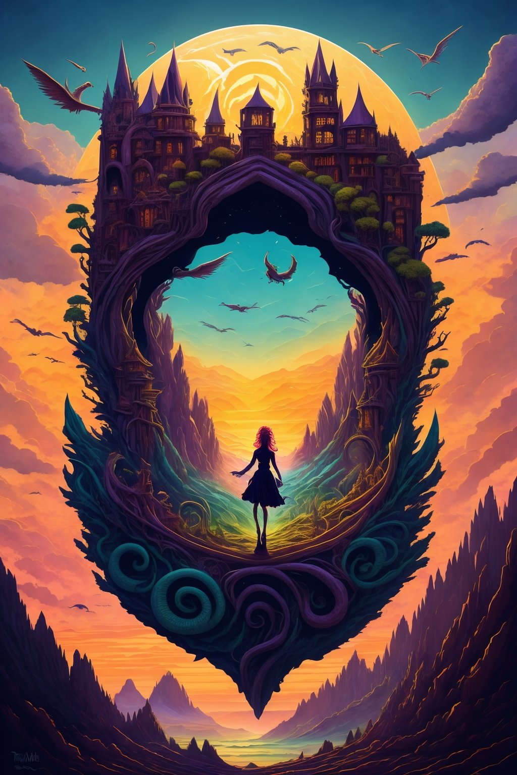 In the hazy twilight of an otherworldly landscape, a woman with hair like a vibrant kaleidoscope swings gracefully through the air. Her ethereal form is bathed in warm hues that dance and flicker as she glides past surreal architectures - ancient sandstone houses adrift on a sea of shifting sands, all underneath the watchful eyes of serpents slithering around them both. The whole scene is painted with an eerie glow, suggesting it's not quite real but equally captivating, gem00d, tshee